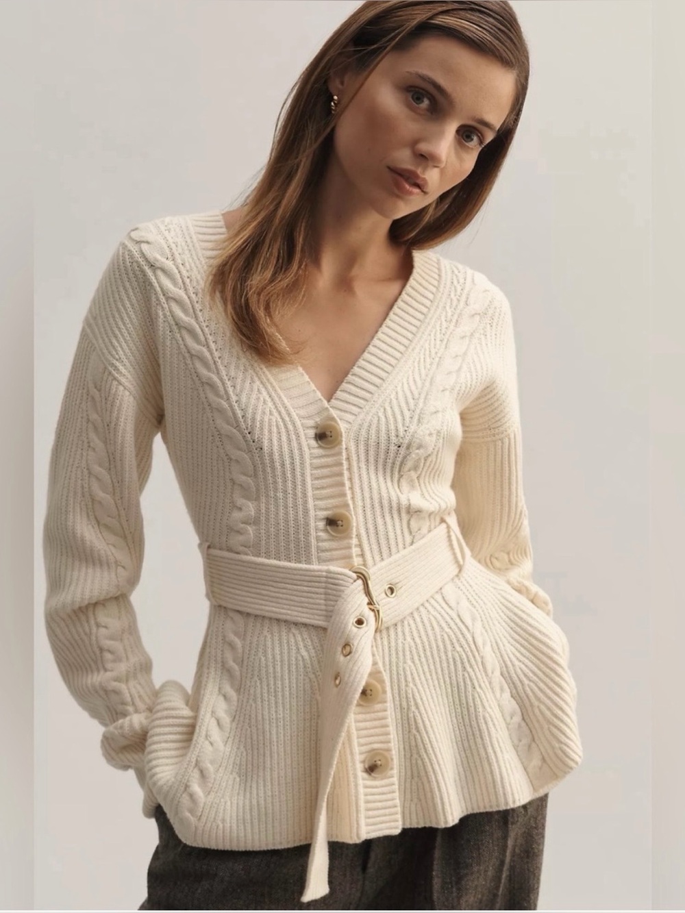 Anthropologie Maeve Wool
Blend Belted Cable Knit cream Cardigan Sweater medium